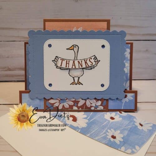 Stampin’ Up!s Silly Goose Stamp Set & Fresh as a Daisy Designer Paper = 1 Cute Double Easel Thank You Card