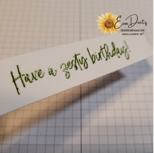 Heat embossed white tag with green lettering that says Have a zesty birthday
