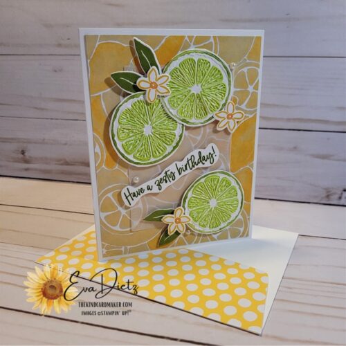 Lemon Lime card with slices of limes on the front with a lemon background birthday card