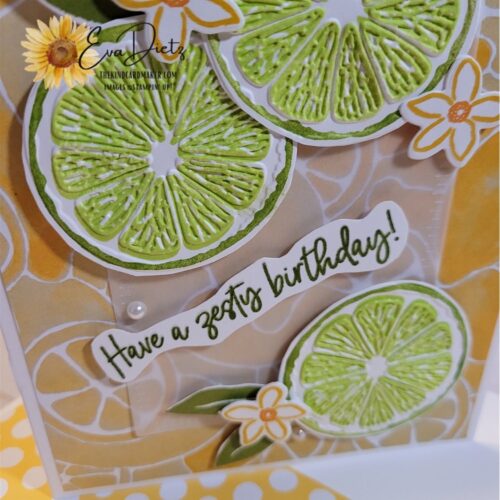 close up of zesty birthday card with embossed and stamped lime slices