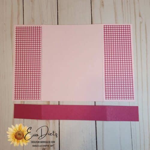 bubble bath cardstock card base with berry burst belly band and matching gingham paper for the gate fold front portions