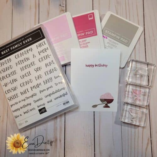 best family ever stamp set and the three ink colors used in the card of gray granite, berry burst, and bubble bath