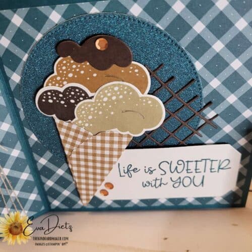 close up of ice cream waffle cone on front of pretty peacock book fun fold card.