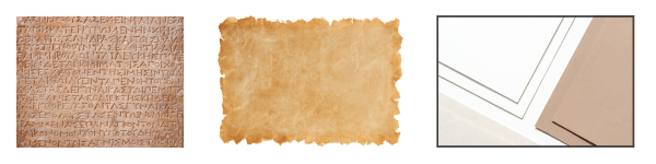 historical types of paper, clay tablet, papyrus and paper