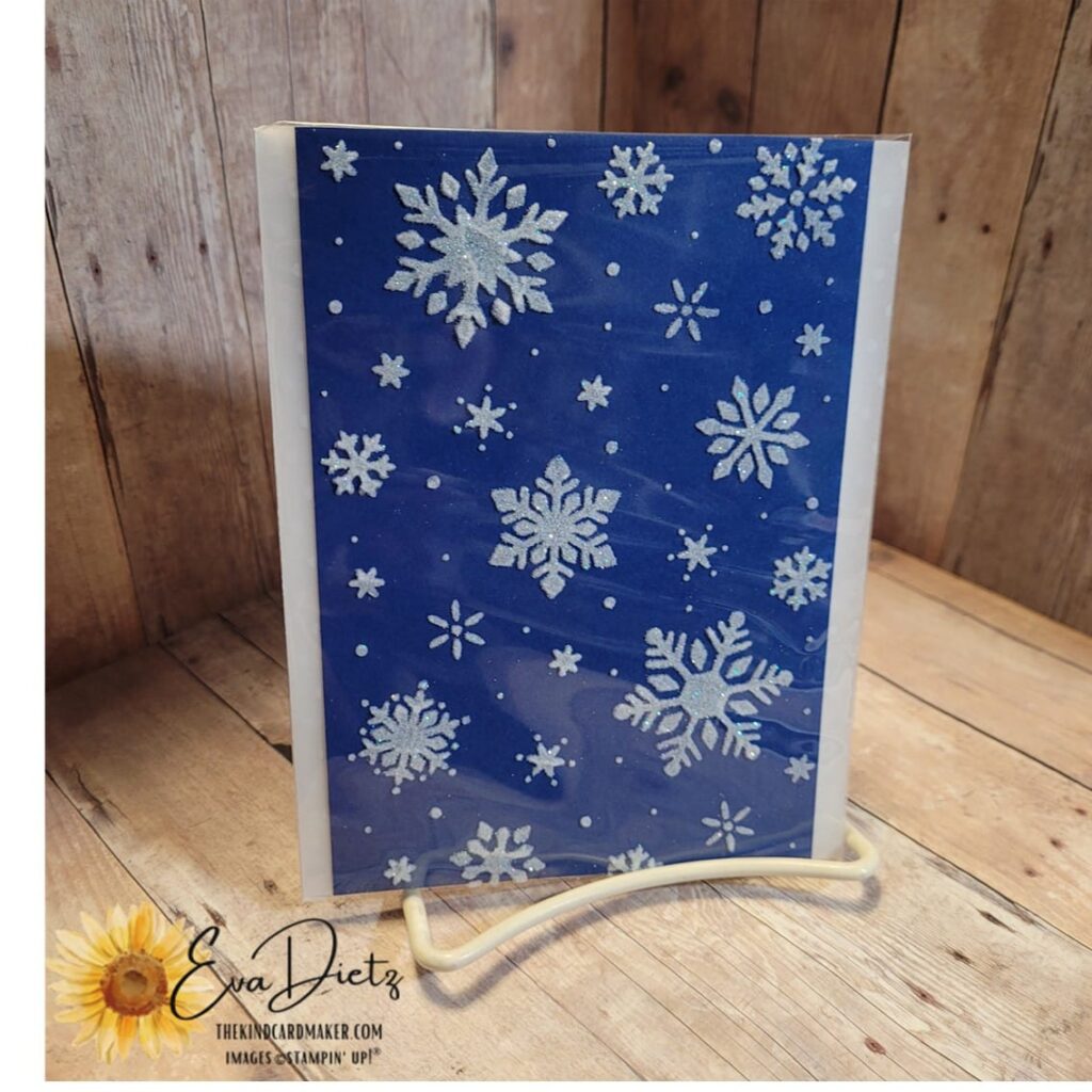 Showing the front of the enclosed in a clear envelope embossing paste snowflakes design made from the Abundant Beauty Decorative Masks.