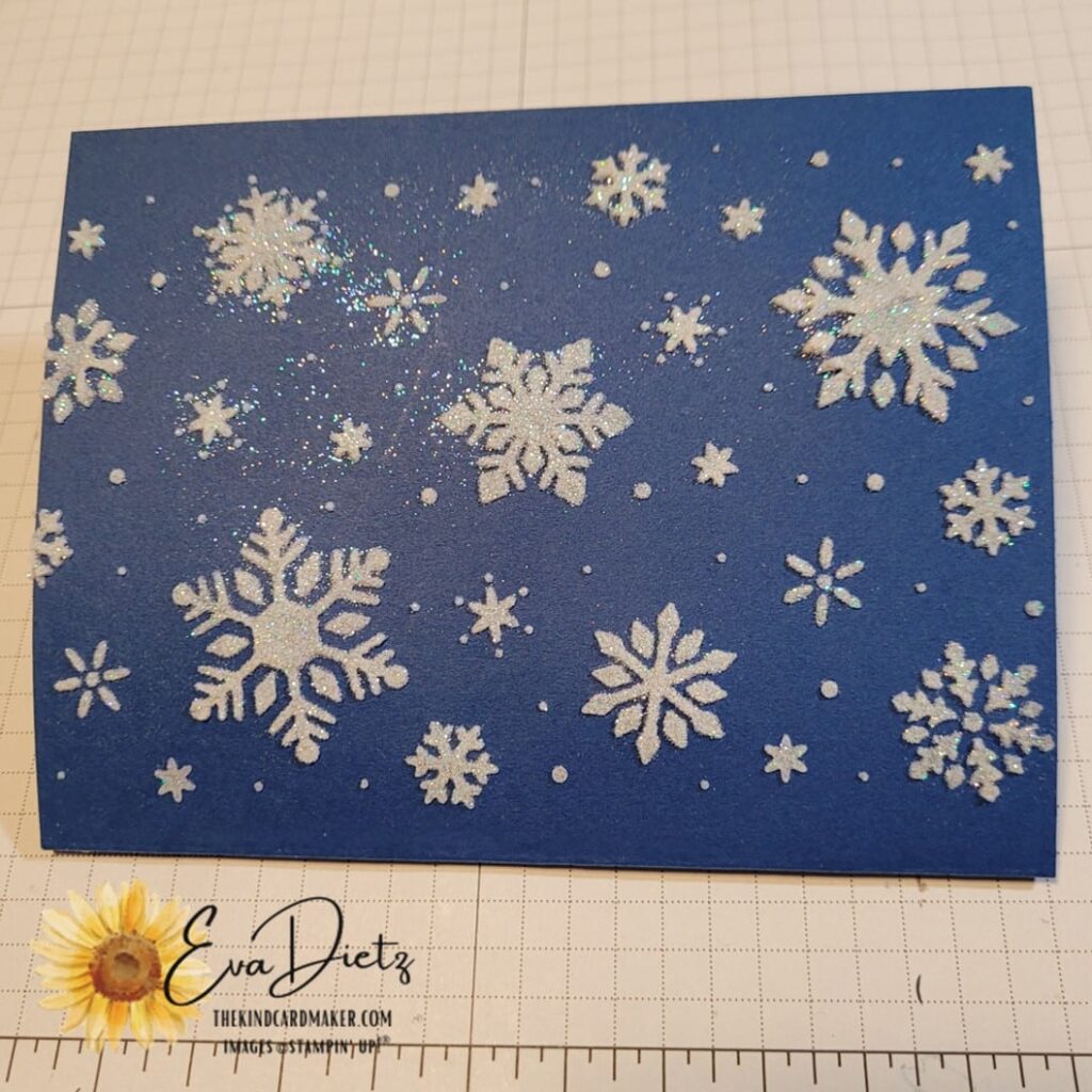 Abundant Beauty Decorative Mask Snowflakes design on Blueberry Bushel cardstock with Shimmery White Embossing Paste. Extra Dazzling Diamonds glitter sprinkled on top of snowflakes.