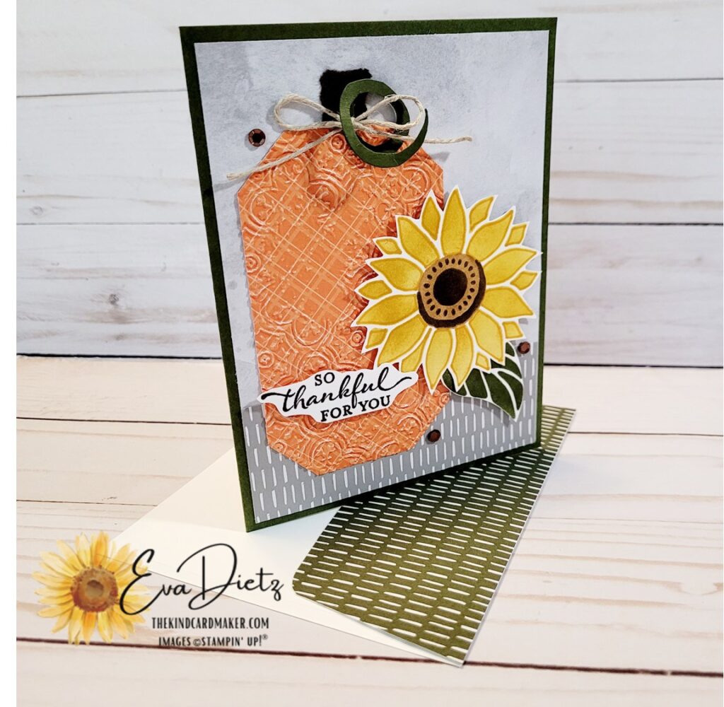 Autumn Thankful for you card made using sunflowers, pumpkin, leaf with a mossy meadow card base and a smoky slate layer. Embellished with brown sequins.