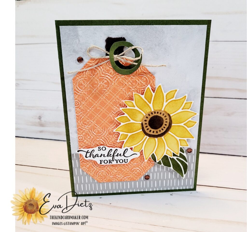 Autumn Thankful for you card made using sunflowers, pumpkin, leaf with a mossy meadow card base and a smoky slate layer. Embellished with brown sequins.