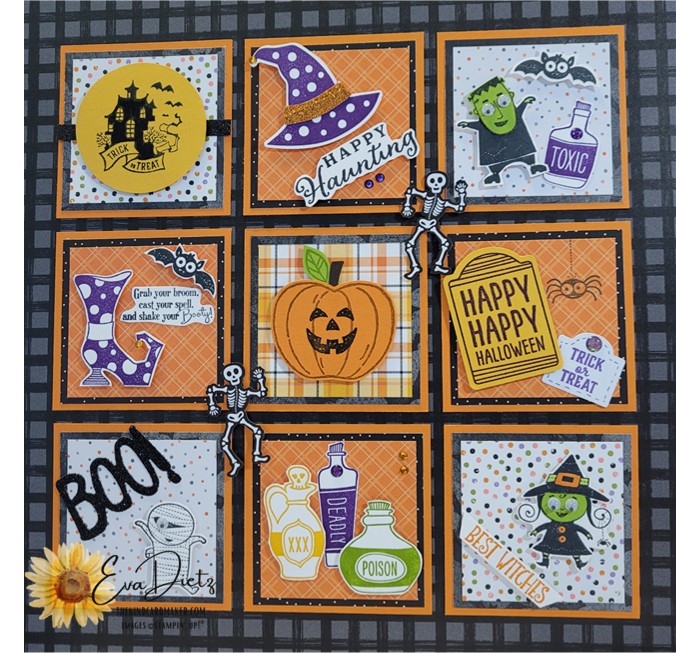 A 12"x12" Halloween Sampler Home Decor containing 9 decorative squares with Halloween images on each square.