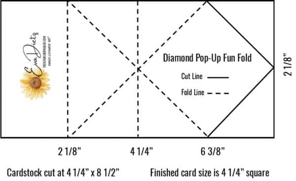 A diagram that shows how to cut and score the Diamond Pop-Up Fun Fold card.
