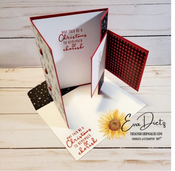 Latching Double Flap Fold Card in reds, blacks and whites holiday patterns
