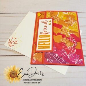 Hello Friend Fold Up and Latch Fun Fold Card in reds, yellows, oranges made by Eva Dietz.