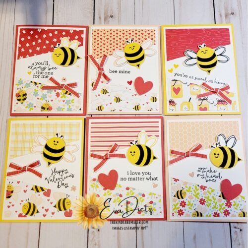 Six Easy Valentines Cards that show a stamped bumblebee, red bow, heart, sentiment on cards bases that are red, pink and yellow. designed by Eva Dietz, The Kind Card Maker.