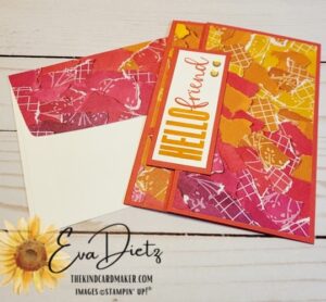 Hello Friend Fold Up and Latch Fun Fold Card with envelope in reds, yellows, oranges made by Eva Dietz.