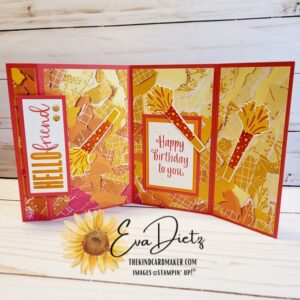 Hello Friend Happy Birthday Fold Up and Latch Fun Fold Card in reds, yellows, oranges made by Eva Dietz.