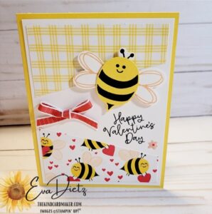 Valentine card that shows a stamped bumblebee, red bow, sentiment on a yellow card base designed by Eva Dietz, The Kind Card Maker.