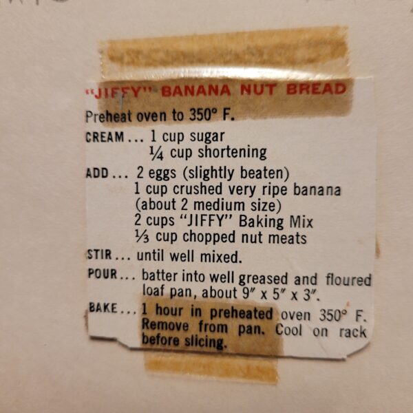photo of the jiffy banana bread recipe from the mid 1960's.