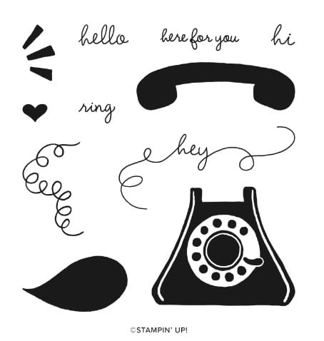black and white images of the Let's Chat stamp set by Stampin' Up! rotary dial phone, cords, and sayings.