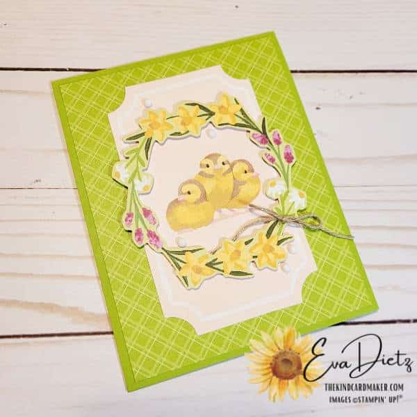 Alternate Easter greeting card with three baby chicks and a daffodil wreath on the front made from the February Paper Pumpkin kit, Sweet Springtime.