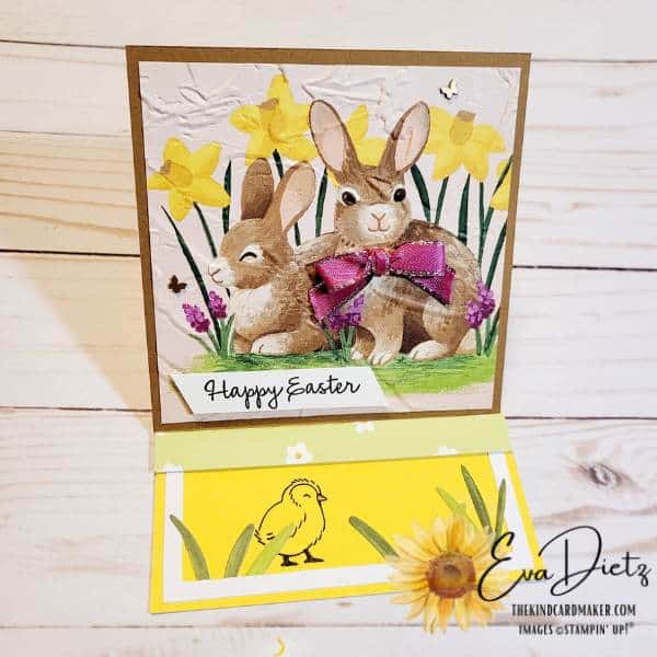 Alternate Easter easel greeting card with 2 rabbits and daffodils on the front made from the February Paper Pumpkin kit, Sweet Springtime.