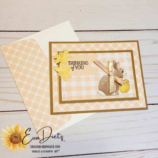 Alternate Thinking of You greeting card with a rabbit, a chick, and two daffodils on the front made from the February Paper Pumpkin kit, Sweet Springtime.