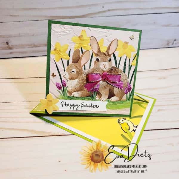 Alternate twisted easel Easter greeting card with 2 rabbits and daffodils on the front made from the February Paper Pumpkin kit, Sweet Springtime.