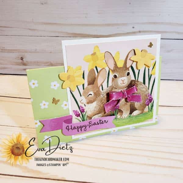 Alternate Easter greeting card with 2 rabbits and daffodils on the front made from the February Paper Pumpkin kit, Sweet Springtime.
