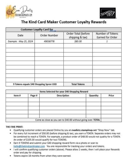 The Kind Card Maker website Customer Loyalty Rewards form.