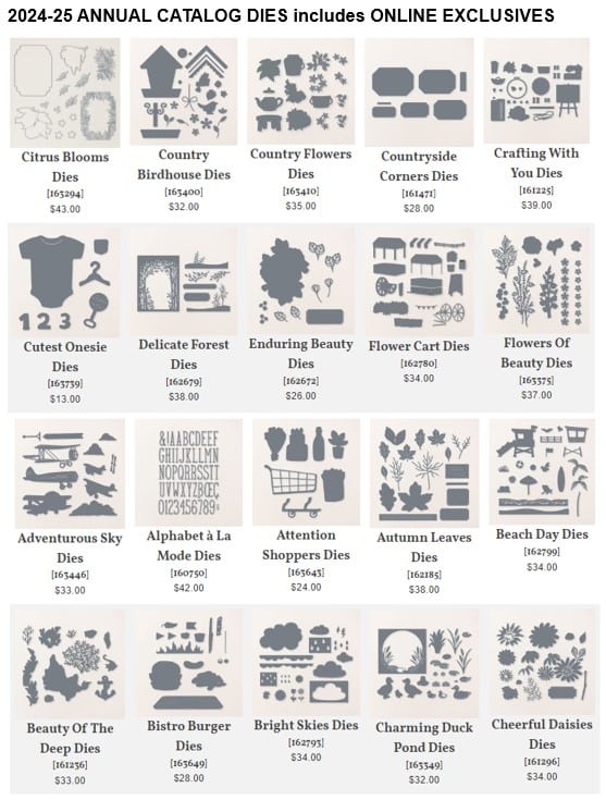 page showing the Dies available in the 2024 Stampin' Up! Annual Catalog