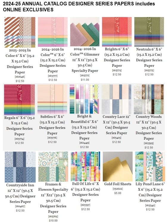 page showing the Designer Series Papers available in the 2024 Stampin' Up! Annual Catalog