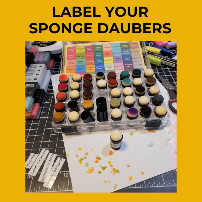 A graphic showing a sponge dauber case filled with sponge daubers and recommending that you label your dauber by ink color.