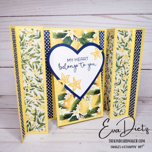 Mediterranean Blooms Curtain Call Fun Fold Valentines Card in yellow and navy created by Eva Dietz, Independent Stampin' Up! Demonstrator aka The Kind Card Maker.