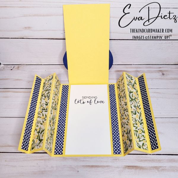 Mediterranean Blooms Curtain Call Fun Fold Valentines Card in yellow and navy created by Eva Dietz, Independent Stampin' Up! Demonstrator aka The Kind Card Maker.
