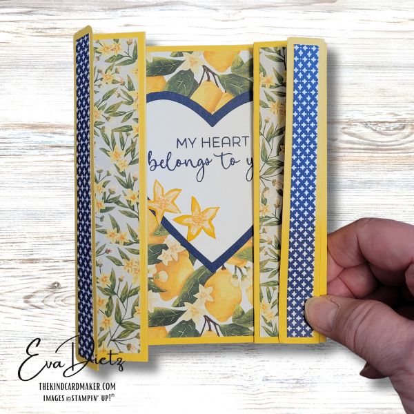 Shows the Curtain Call Fun Fold being closed for inserting in an envelope. Created by Eva Dietz, Independent Stampin' Up! Demonstrator aka The Kind Card Maker.