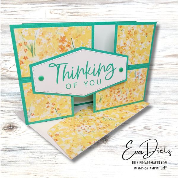 Puzzle Slider Card Fun Fold Design using Shy Shamrock cardstock and Bloom Impressions Designer Series Paper from Stampin' Up! Designed by Eva Dietz, Independent Stampin' Up! Demonstrator.