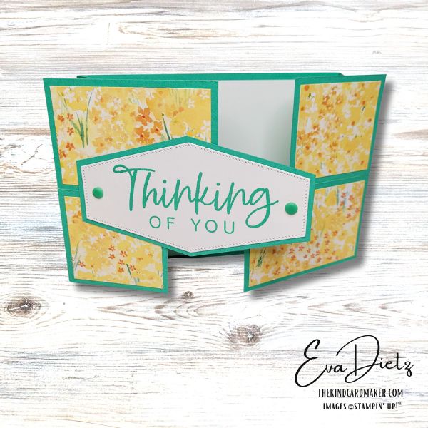 Puzzle Slider Card Fun Fold Design using Shy Shamrock cardstock and Bloom Impressions Designer Series Paper from Stampin' Up! Designed by Eva Dietz, Independent Stampin' Up! Demonstrator.