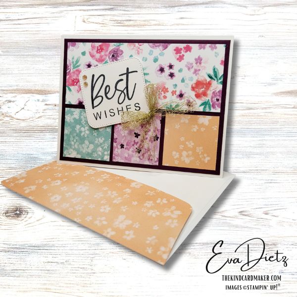 4 panel front view of this Best Wishes card with matching envelope designed by Eva Dietz, Independent Stampin' Up! Demonstrator and also known as The Kind Card Maker.