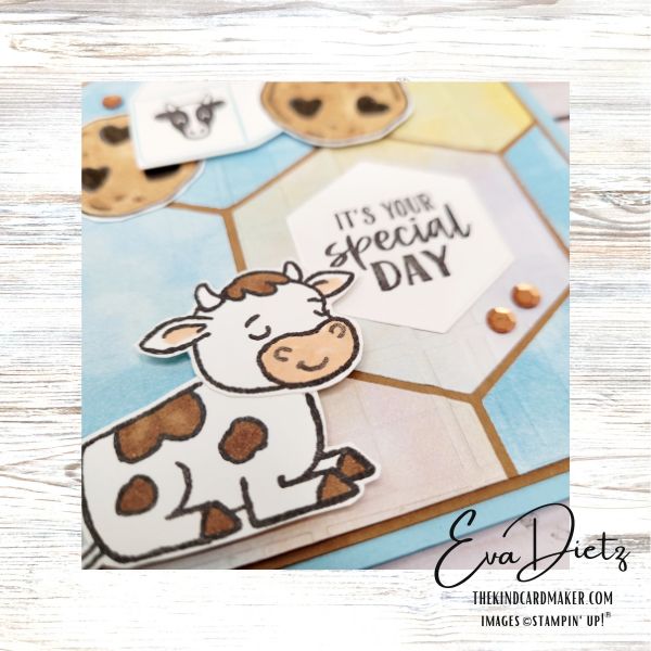 Close up of Cutest Cow and Perfect Pairs Faux Quilted Hexagon Card is an original design by Eva Dietz, Independent Stampin' Up! Demonstrator