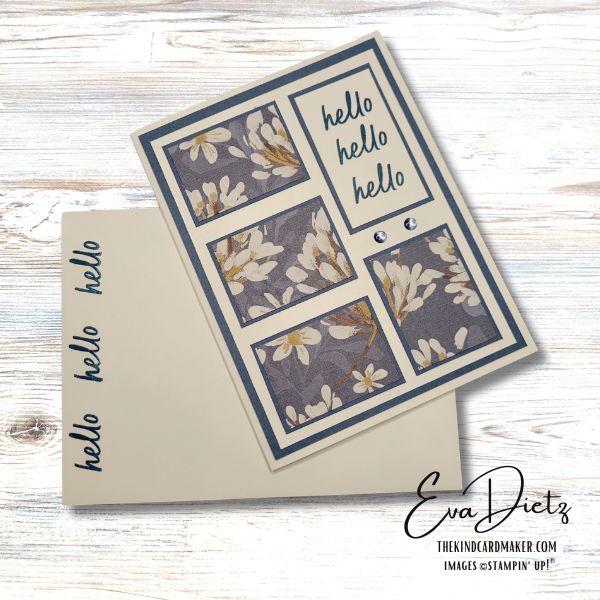 Image of a Hello card with matching envelope made with Wildly Flowering Designer Series Paper from Stampin' Up!. Created by Eva Dietz, Independent Stampin' Up! Demonstrator