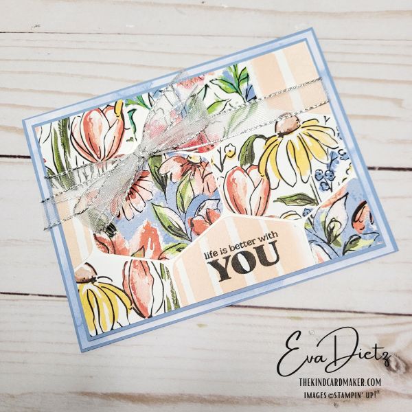 Using the Heartfelt Hexagon Punch and the Mixed Media Florals Designer Series Paper you can create this cheery card easily. Designed by Eva Dietz, Independent Stampin' Up! Demonstrator.