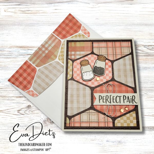 Plaid Hexagon Patterned Faux Quilted Card in oranges and browns designed by Eva Dietz, Independent Stampin' Up! Demonstrator. Includes matching envelope.