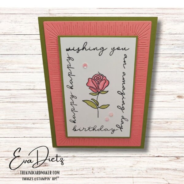 Birthday Card made with linear word stamps on a Old Olive card base with a layer of Flirty Flamingo die cut with a textured die.