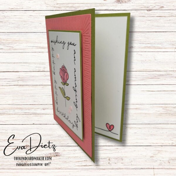 Side  and Interior View of Rose Birthday Card made with line art stamps to create an outline to display the rose stamp in the middle.