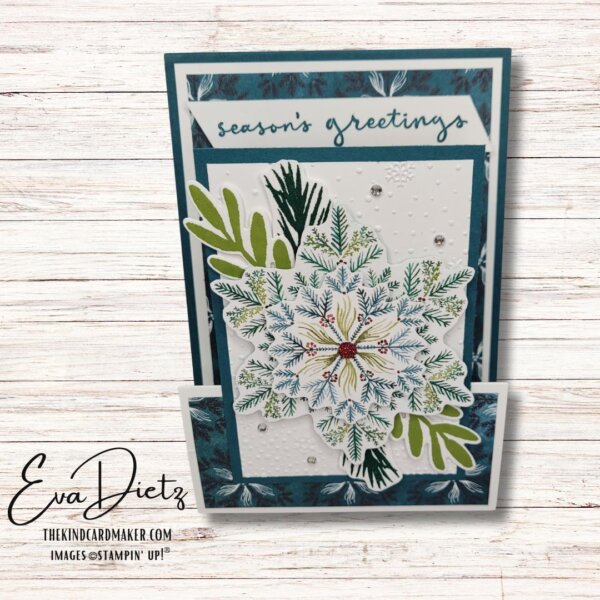 Front View of Elegant Pines Snowflake Double Easel Holiday Card in shades of Pretty Peacock, Old Olive and Shaded Spruce.