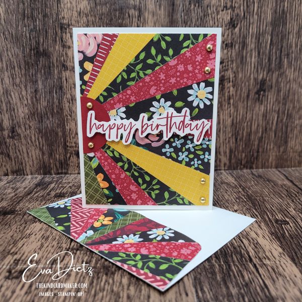 Handmade scrappy sunburst birthday card with floral patterned paper