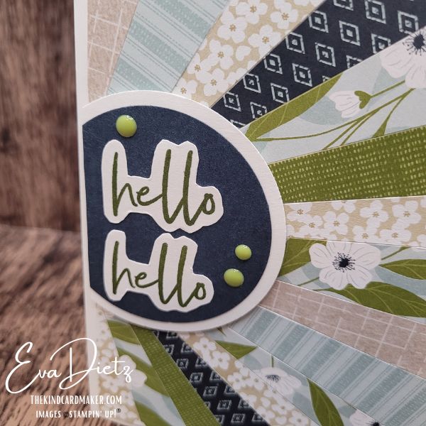 Close up view of handmade sunburst card showing layered sentiment and dimension