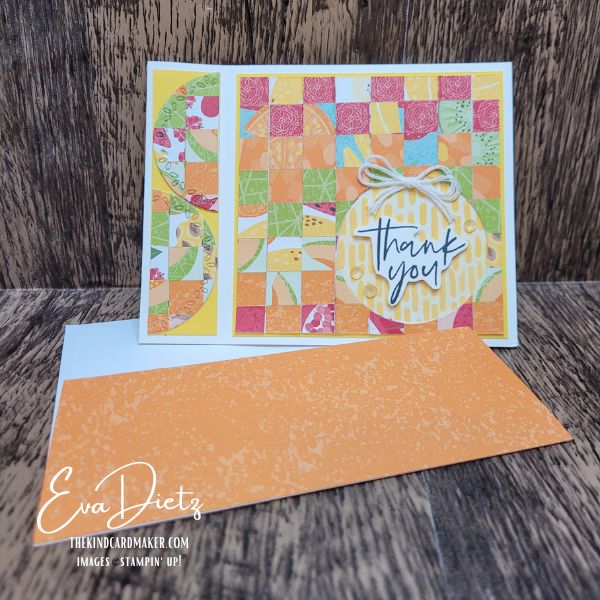 Bright thank you card using bargello technique with citrus colors and book bind fold
