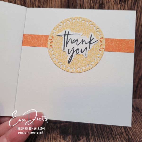 Inside view of Bright thank you card using bargello technique with citrus colors and book bind fold