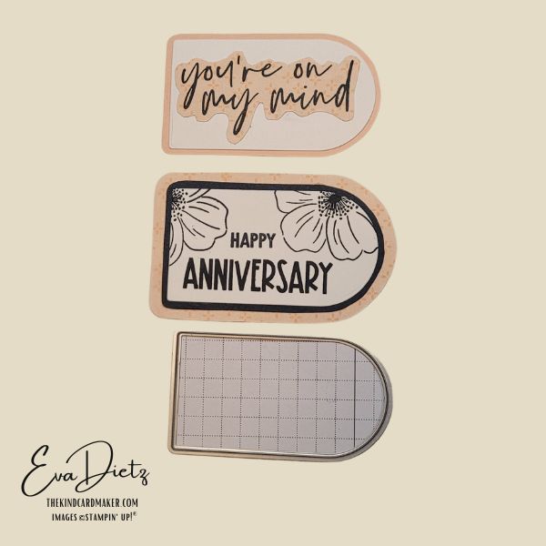 Handmade anniversary tag using arched die with custom layered border and fussy cut sentiment