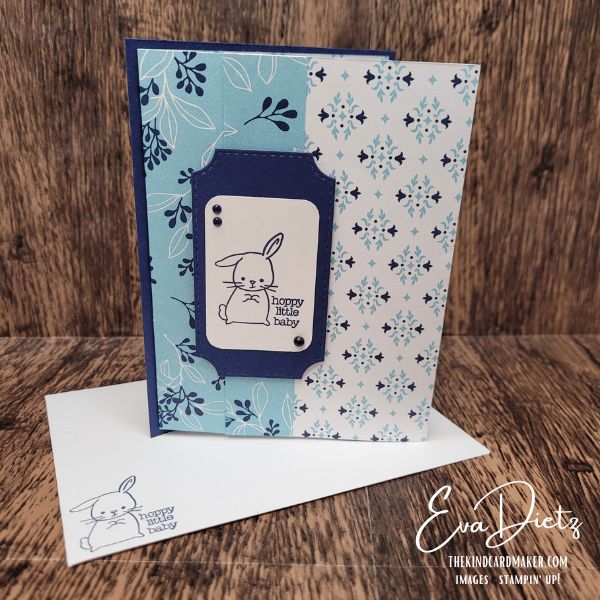 Easy baby card fun fold in blue with bunny design and patterned paper layers